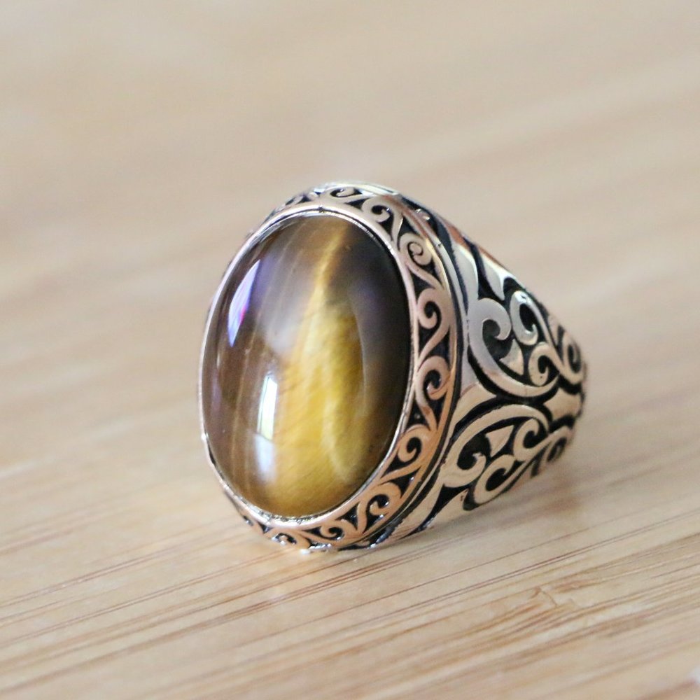 925 Sterling Silver Men's Ring with Tiger Eye -Super Elegant - Picture 3 of 10